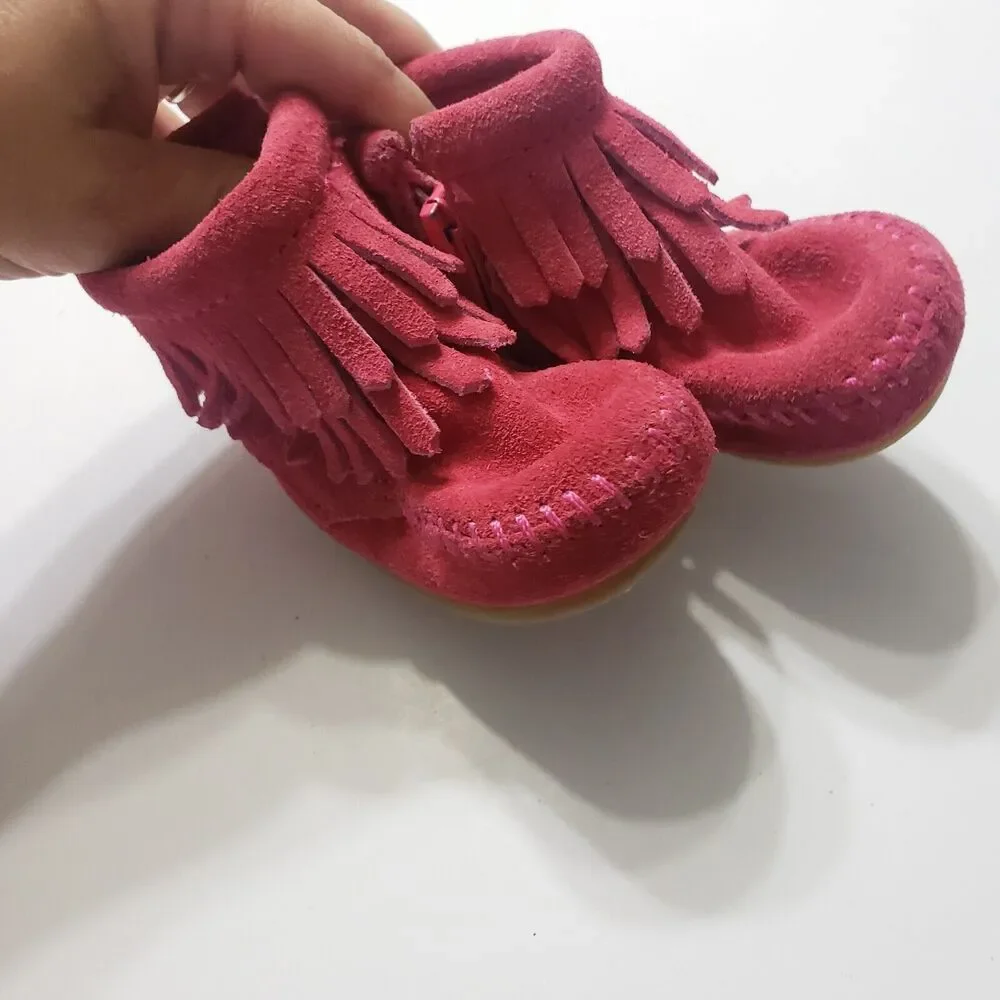 Minnetonka Girls 1 Ankle Booties Leather Pink Double Fringe Side Zip Shoes‎